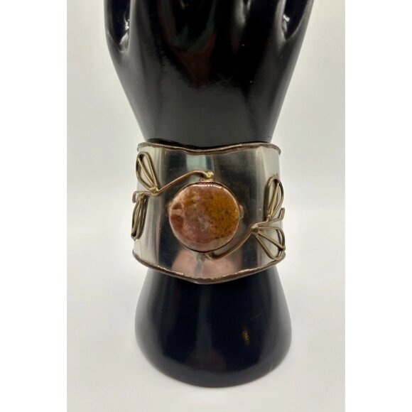 Silver Tone Modernist Large Chunky Cuff Bracelet Jasper Stone Handmade? - Picture 1 of 4